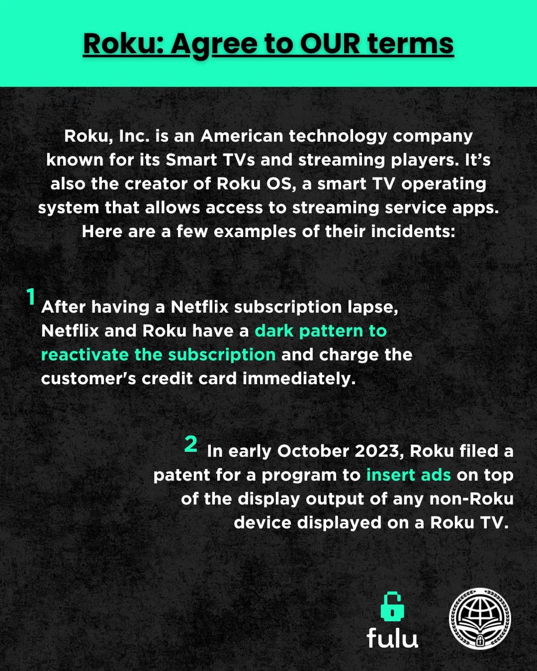 Slide describing Roku, Inc. as the maker of Roku Smart TVs, streaming players, and Roku OS, followed by Roku's patent for inserting an ad when content from an HDMI-connected device is paused.
