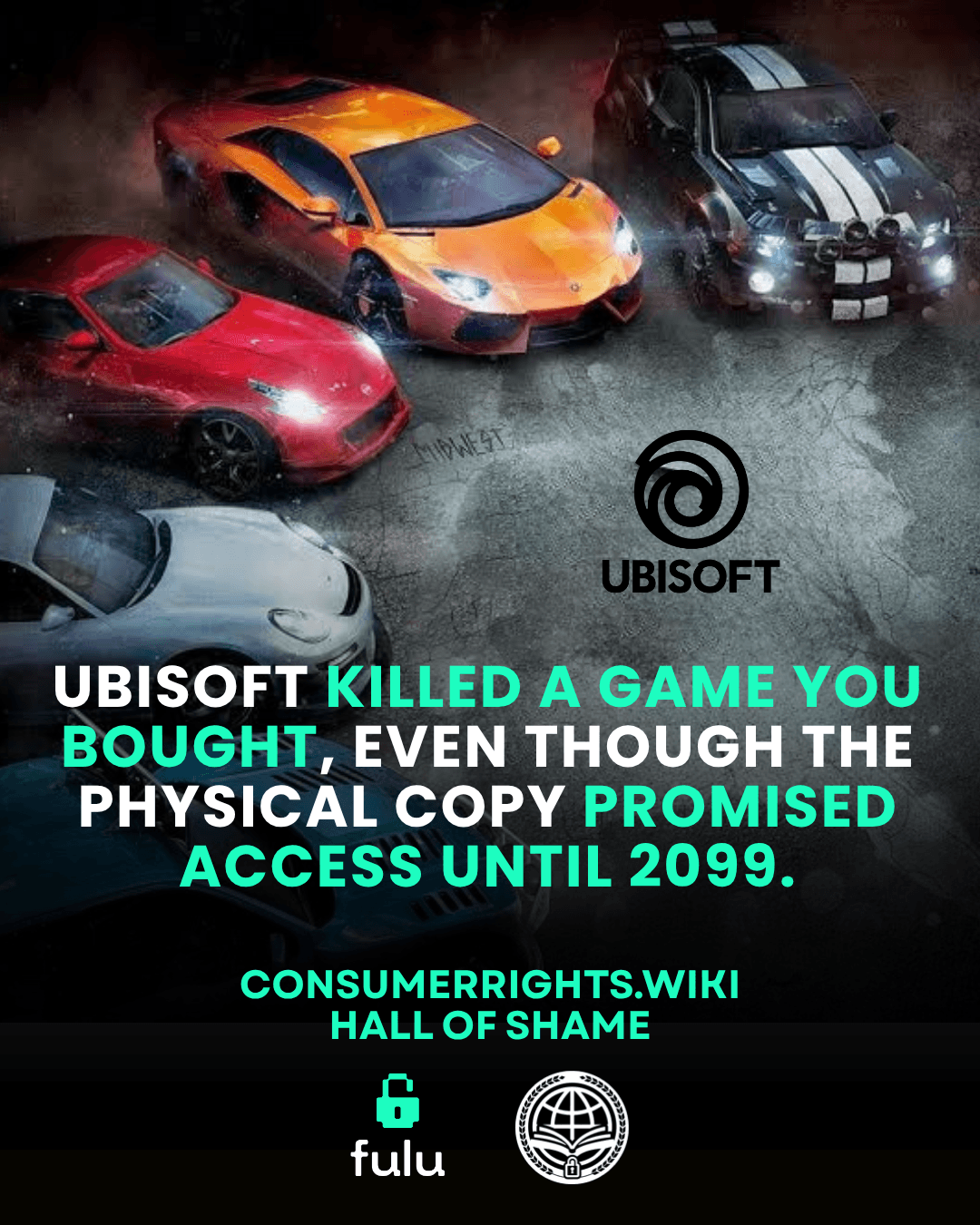 Cars surrounding the ubisoft logo that is in the middle right of the page above the headline: Ubisoft killed a game you bought, even though the physical copy promised access until 2099.