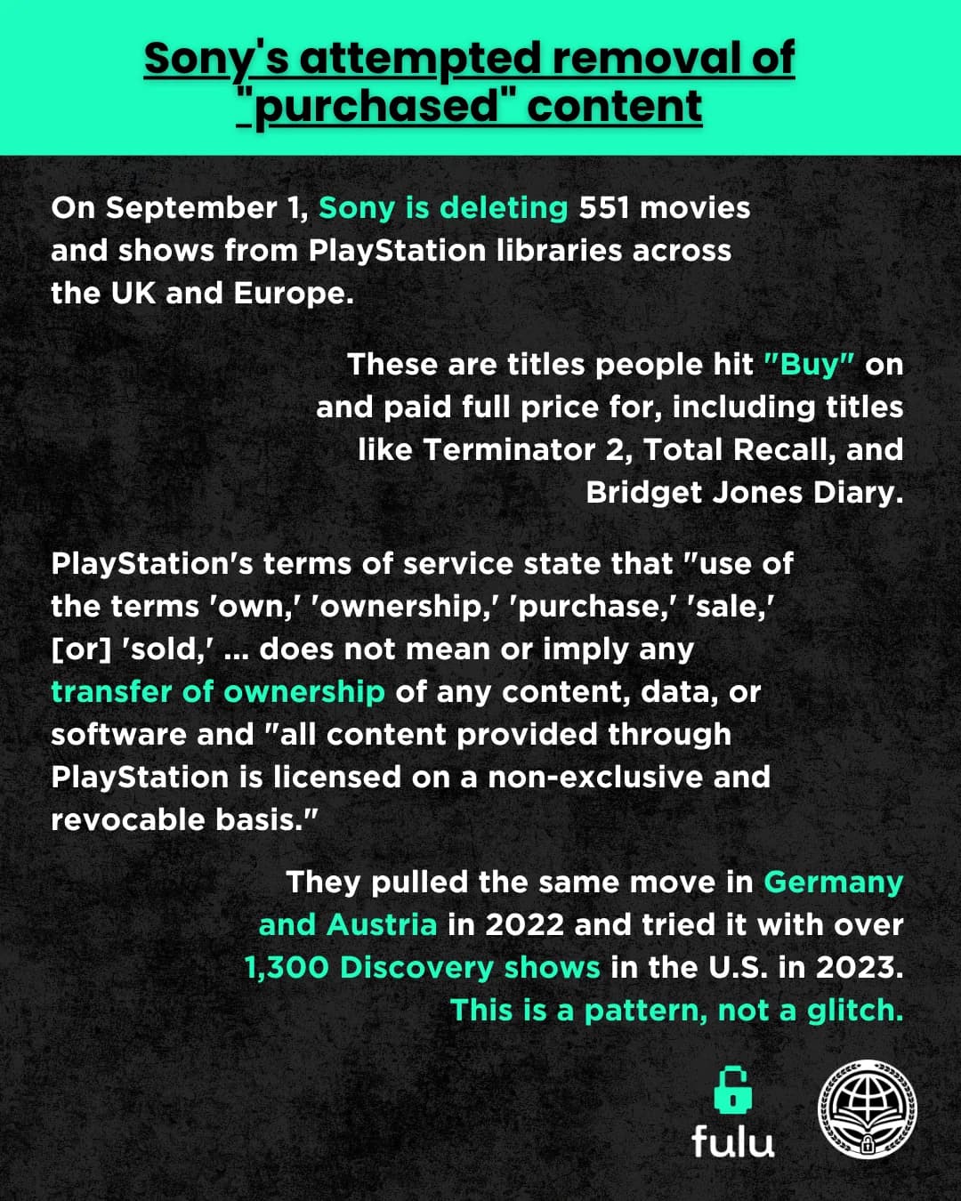 Text slide stating that on September 1, 2026 Sony is deleting 551 movies and shows from PlayStation libraries across the UK and Europe, quoting PlayStation's terms of service on ownership, and listing the 2022 Germany and Austria removals and the 2023 Discovery removal.
