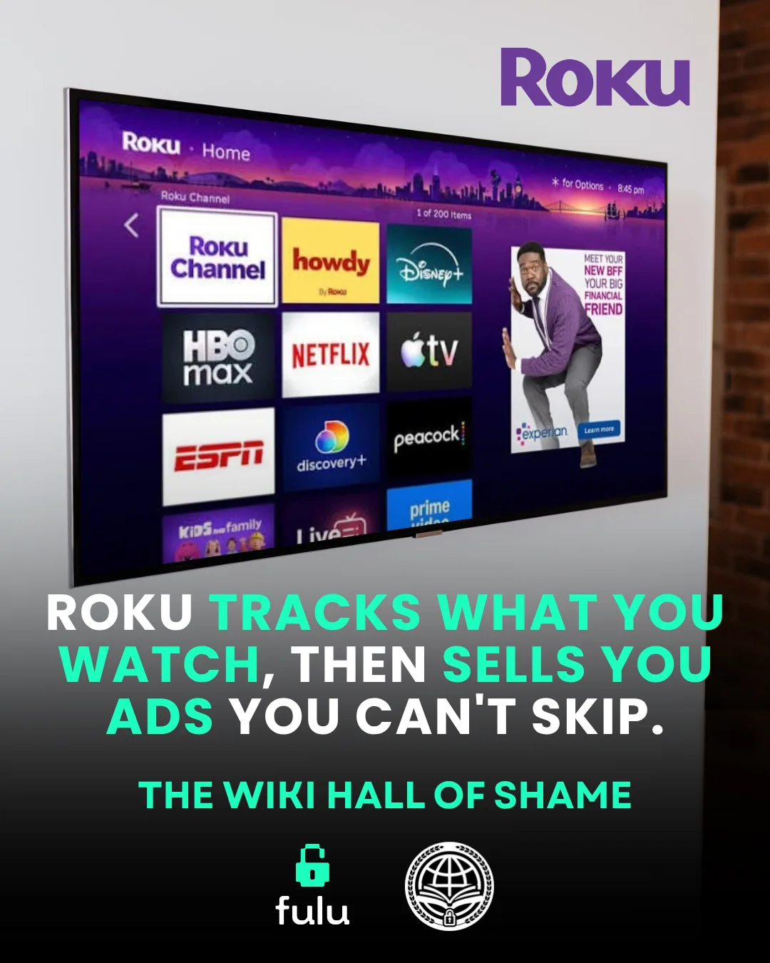 Wall-mounted TV showing the Roku OS home screen with an Experian ad tile in the right rail.