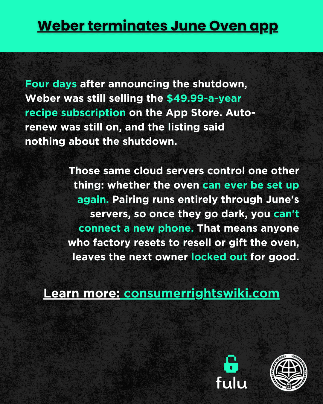 Slide noting that even after the shut down the company was still selling subscriptions for the June Oven. People would be locked out of the June Oven if they tried to factory reset or sell to a new owner. 