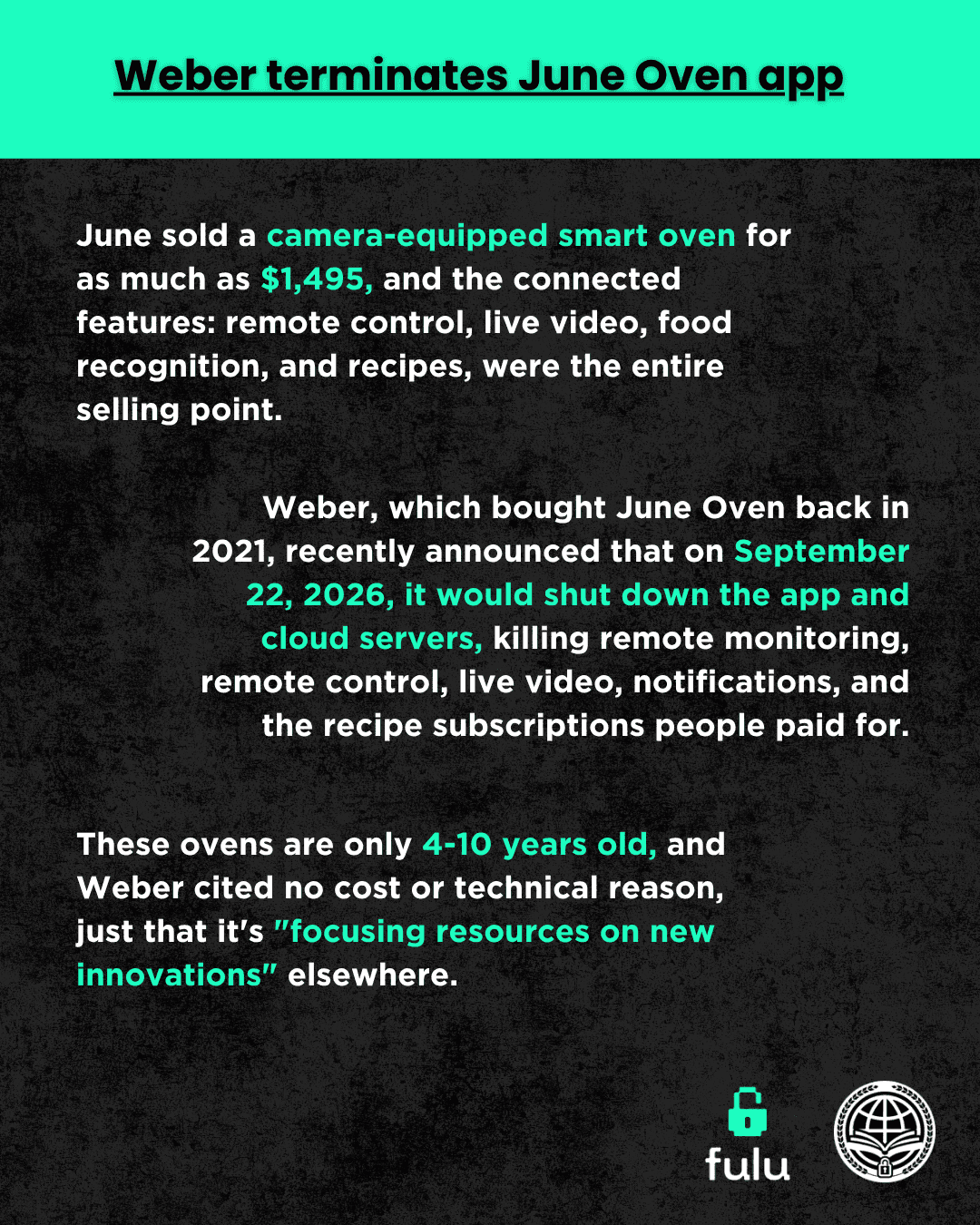 Slide listing June Oven practices: June Ovens marketed as an oven with connected features, which was then bought by Weber who announced they'd be shutting down the app and cloud servers. The ovens are only 4-10 years old and there was no solid reasoning behind the shut down. 