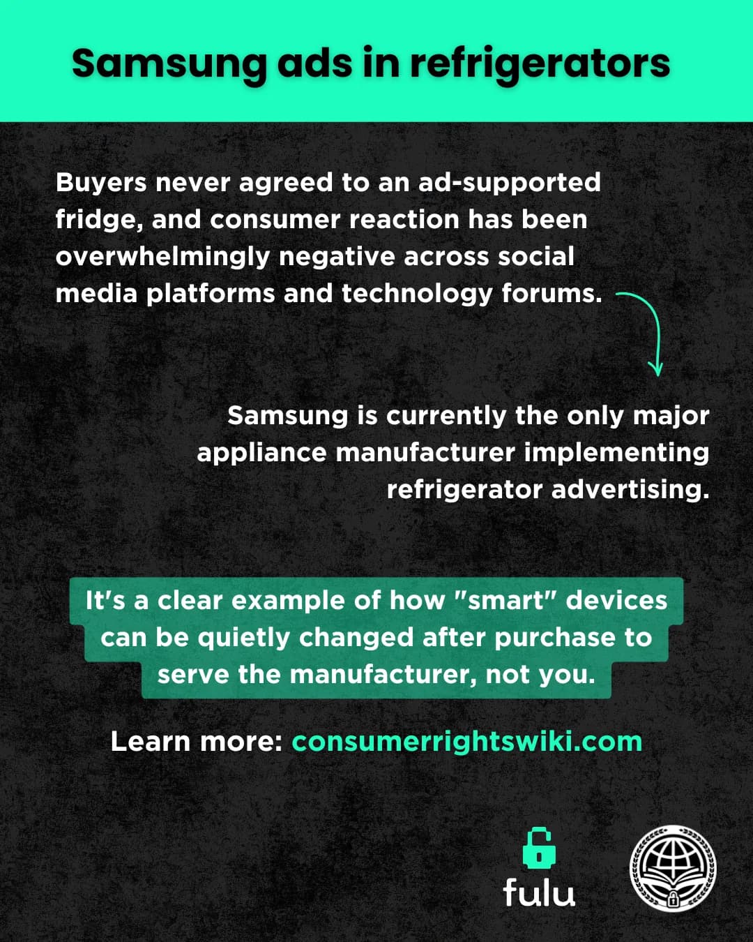 Slide stating that the ads arrived in an over-the-network update owners could not decline without losing smart functionality and that consumer reaction has been negative across social media and technology forums, above a green highlighted line stating that smart devices can be quietly changed after purchase to serve the manufacturer, not you, and a link to consumerrights.wiki.