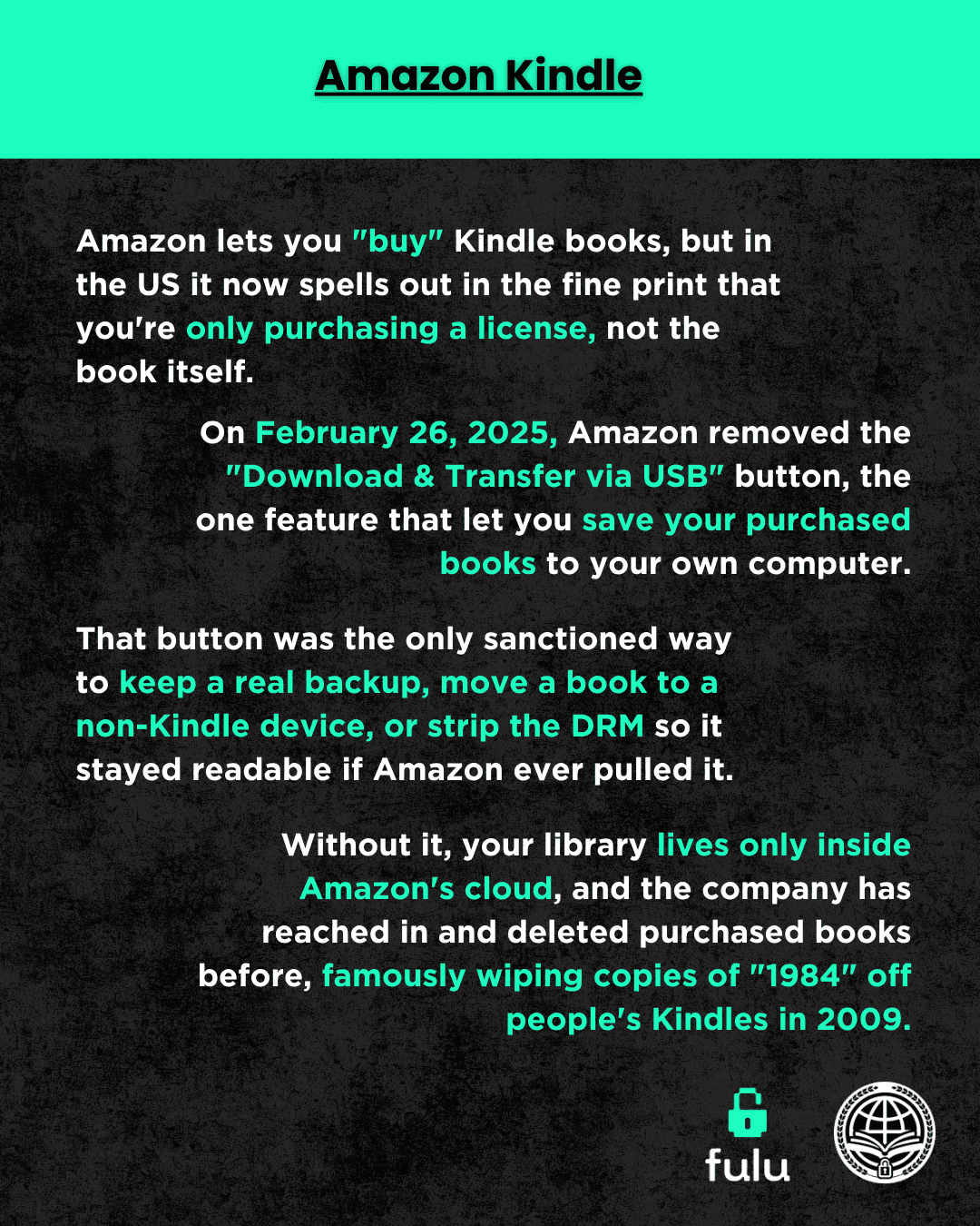 Slide reviews the Amazon Kindle situation where Amazon removed the "Download & Transfer via USB" button, the one feature that let you save your purchased books to your own computer. Without the button, your library lives only inside Amazon's cloud.  