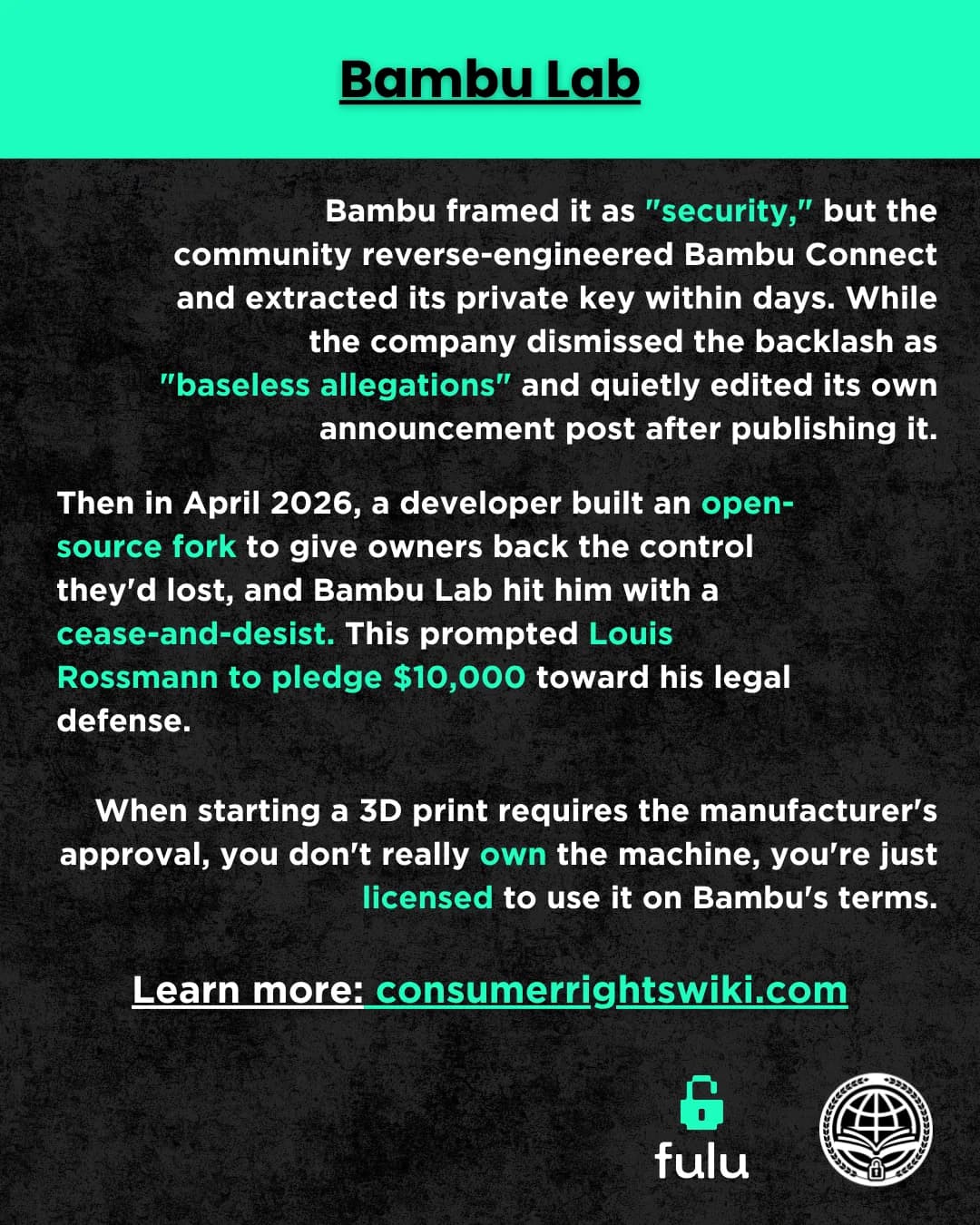 Text slide describing the extraction of the Bambu Connect private key, Bambu Lab's response to the backlash, the April 2026 cease-and-desist against the developer of an open-source fork, and the takeaway that a printer needing the manufacturer's approval is licensed rather than owned.